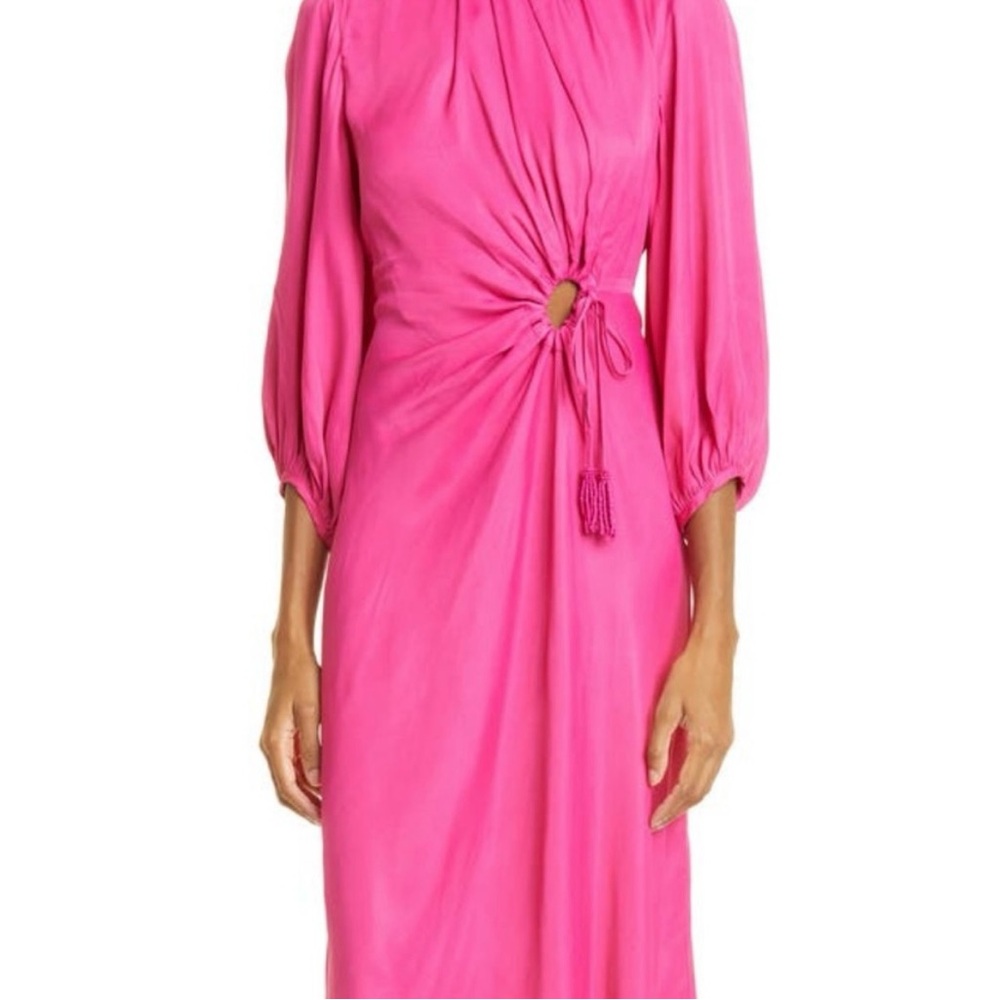 Farm Rio Bright Pink Long Sleeve Blouson Dress with Round Cutout - Large - NWOT